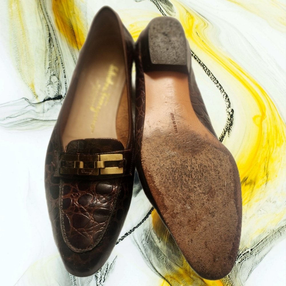 SALVATORE FERRAGAMO BROWN LEATHER EMBOSSED CROC DESIGNER LOAFERS @msplf1949 - Picture 4 of 6